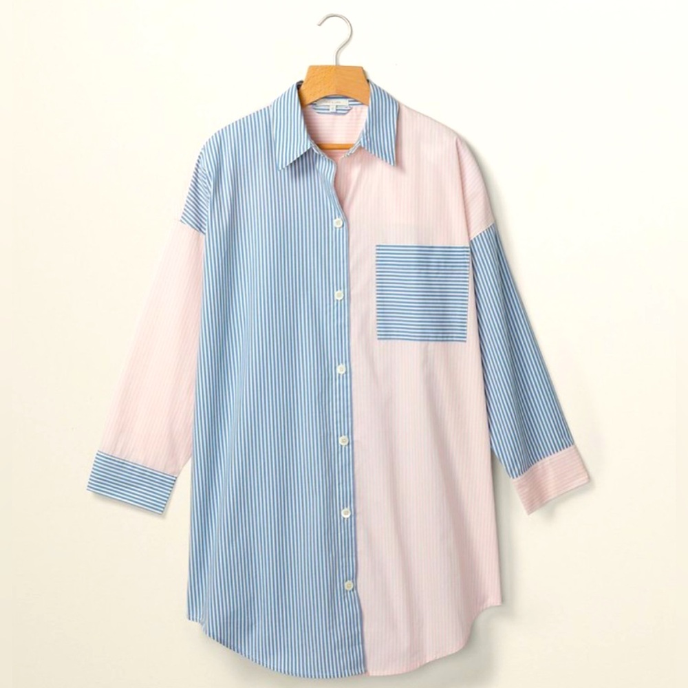 Love & Lore Organic Poplin BF Shirt Women’s Small Striped Blue & Pink Button-Up